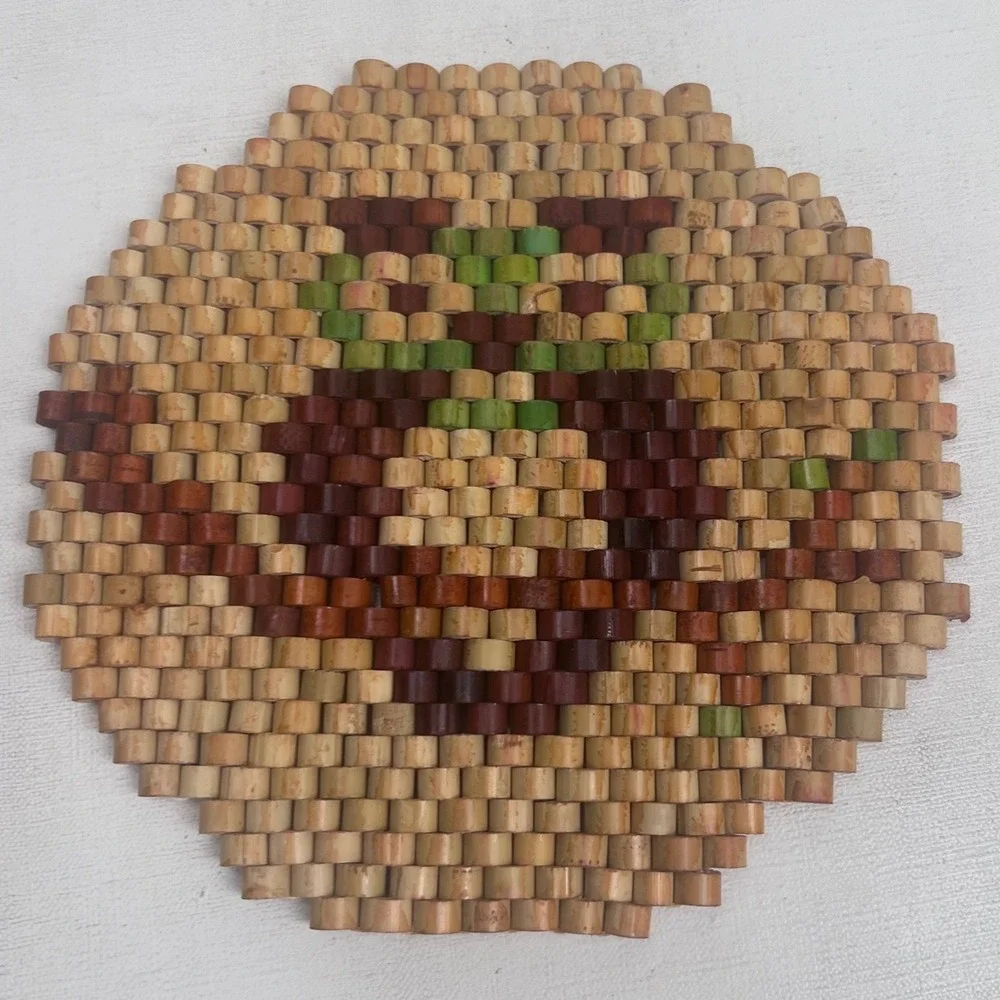 Vintage Beaded Wood Owl Trivet Round Brown Green Handmade Kitchen Hot Pad 7n